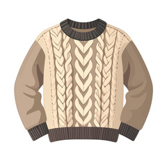 Cozy Cable Knit Sweater in Neutral Tones with Dark Brown Trim and Collar Detailed Fabric Texture for Autumn or Winter Fashion