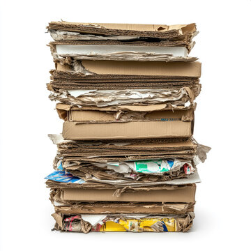 Stack of crushed cardboard boxes and torn paper with colorful