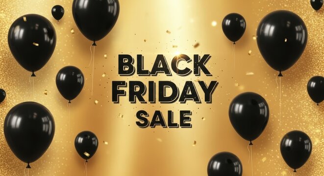 Black friday sale announcement with black balloons and golden confetti on a shiny gold background, promoting discounts