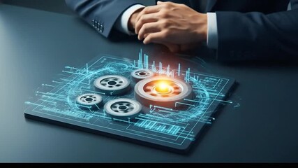 A professional observing a holographic display with glowing gears and circuits, symbolizing strategic technological innovation and advanced data processing concepts for business - Powered by Adobe