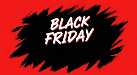 Black friday sale announcement with bold white text on a black splash shape against a vibrant red background, symbolizing a major shopping event and discounts