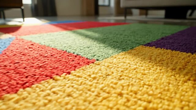 Colorful geometric rug in a brightly lit living room space