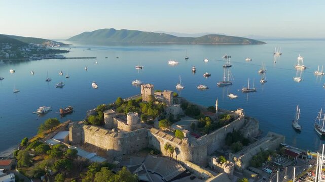 Bodrum, Turkey. Aerial drone view of Castle of St. Peter, 15th century Crusader fortress in Bodrum, overlooking Gokova Bay at morning.. Aerial View