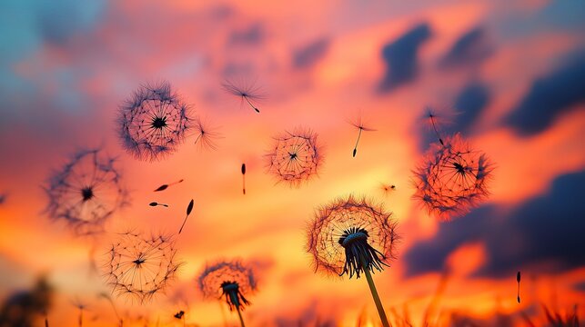 An enchanting silhouette of glowing dandelion seed puffs gently drifting into the air