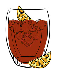 A vibrant cocktail glass with ice cubes and citrus slices, perfect for a refreshing summer drink.