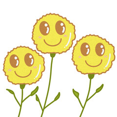 Cute yellow flowers with smiling faces in pastel chalk style