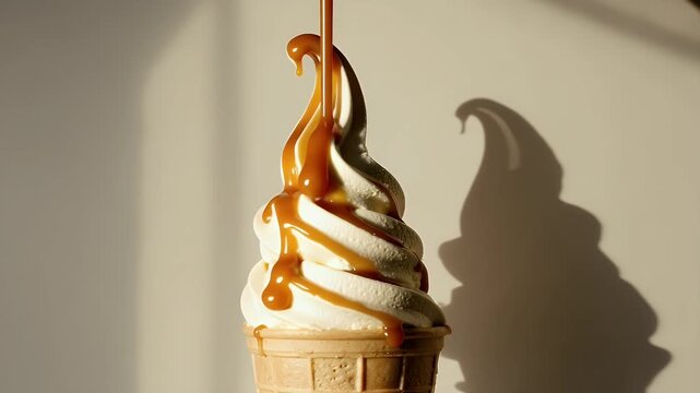 Golden caramel sauce slowly drizzles over creamy soft-serve ice cream in a crisp waffle cone. This sweet, refreshing dessert embodies pure indulgence and delight, ideal for food advertisements.