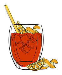 A colorful cocktail in a glass, garnished with lemon slices and ice cubes, exuding a refreshing vibe.