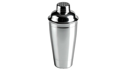 Shiny metal cocktail shaker with strainer against a black background