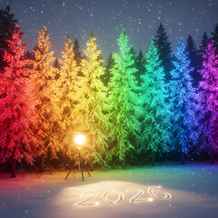 Obraz premium Enchanting winter forest adorned with a spectrum of rainbow lights, highlighting the snowy landscape and the illuminated celebration of a hopeful New Year 2026