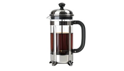 Clear French press filled with coffee on black backdrop