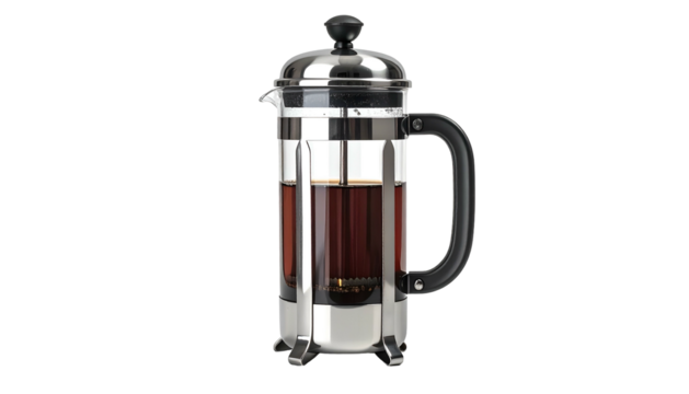 Clear French press filled with coffee on black backdrop