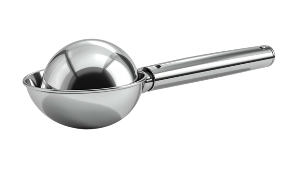 Metal scoop with ball mechanism for releasing round portions