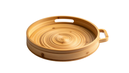 Round, wooden tray with concentric rings and handle