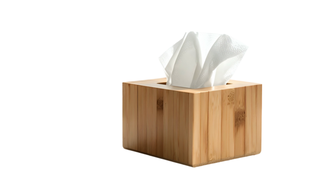 Tissue box of wood with soft white tissue against black background