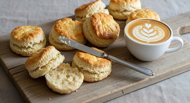 Freshly baked scones with latte art