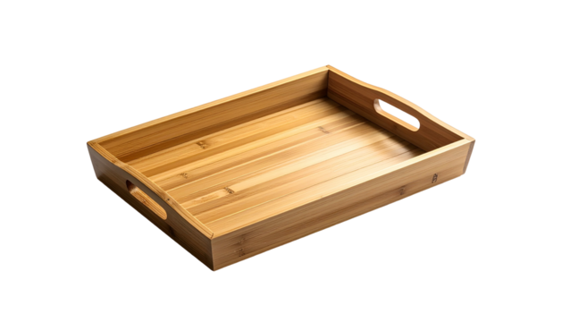 Empty light wood serving tray with handle cutouts, isolated