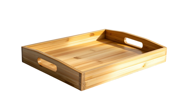 Simple, light wood tray with curved handles, isolated