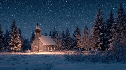 serene Christmas Eve midnight mass in a snowy field,