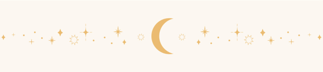 Celestial star border, golden line sparkle divider, simple elegant ornament. Festive shiny space elements. Magic separator, spiritual decoration.
