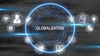 Globalization concept depicted with icons illustrating technology and worldwide interconnection - Powered by Adobe
