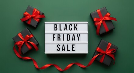 Black friday sale announcement with gift boxes and a lightbox on a green background, promoting holiday shopping deals