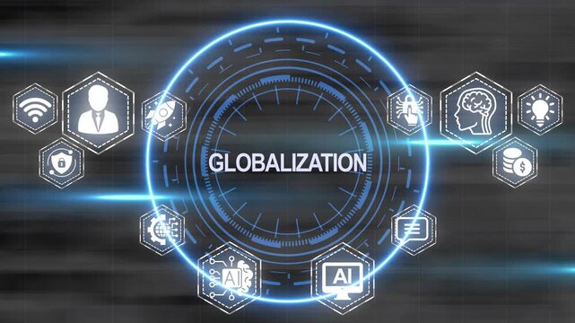 Globalization concept depicted with icons illustrating technology and worldwide interconnection