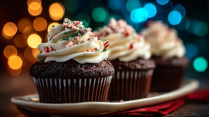 A delicious chocolate cupcakes with peppermint frosting, warm festive tone