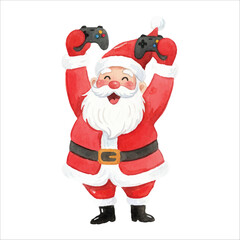 Watercolor Santa Claus Holding Game Controller, Fun Modern Christmas Illustration
