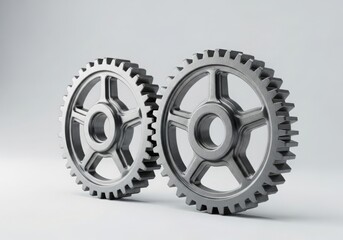 Two interlocking metal gears on a light gray background