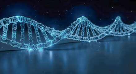 Abstract glowing blue DNA helix structure. Genetic engineering and healthcare innovation concept for medical research and biotechnology.