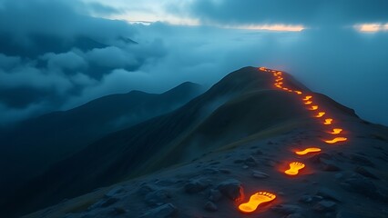 Glowing footprints ascending misty mountains, representing the challenging path of personal health journeys.