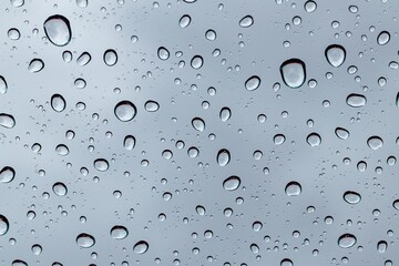 Raindrops on the window glass with dark clouds background. After the rain.