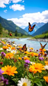 Colorful wildflowers flourish near a flowing river in a mountain landscape with monarch butterflies flitting around on a bright sunny day.