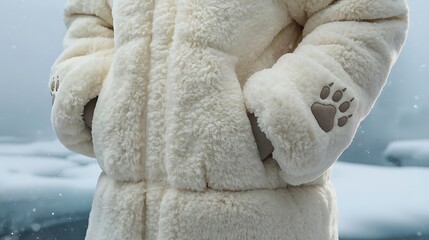 White Furry Winter Coat Close-Up with Paw Print Sleeve