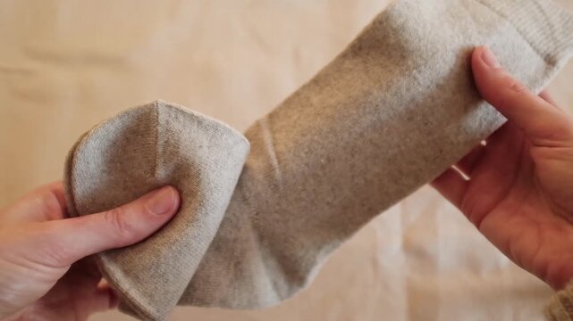 Closeup slow motion video of warm winter wool socks folding after laundry. Way of storing socks.