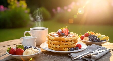Sunlit breakfast spread in a garden
