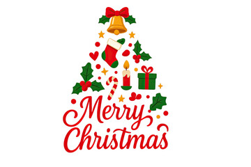 Naklejka premium Merry Christmas tree design with festive decorations bell candle stocking gift candy cane holly leaves stars isolated on white background