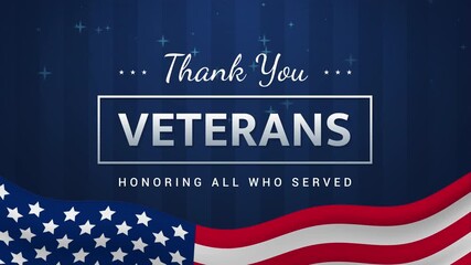 4K Thank you Veterans - Honoring all who served Animation. Flag of USA waving on navy blue striped background	 - Powered by Adobe
