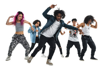 Dynamic diverse dance crew performing trendy moves