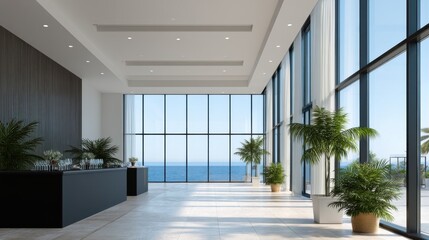 Modern Conference Hall with Sleek Architecture and Panoramic Sea View in Bright Natural Light