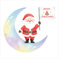 Watercolor Santa Claus Standing on Crescent Moon Holding Merry Christmas Flag, Celestial Holiday Art
