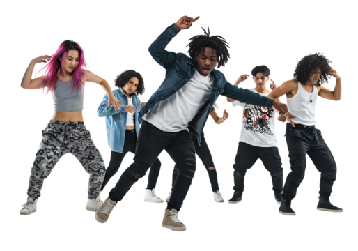 Dynamic diverse dance crew performing trendy moves
