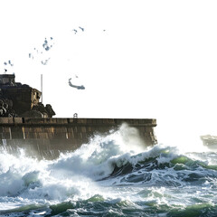 A coastal scene depicts powerful waves crashing against a stone structure, illuminated by bright sunlight and contrasting against a dark sky