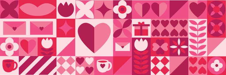Bauhaus Valentine Banner with Geometric Hearts and Flowers – Modern Abstract Pink Red Seamless Border Design for Greeting Cards, Posters and Wrapping