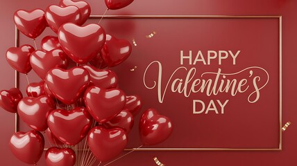 Fototapeta premium Happy valentines day greeting card with red heart balloons and golden frame border