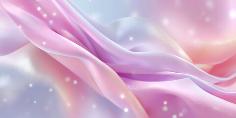 Ethereal and luxurious abstract background of flowing satin or silk fabric drapes in pastel pink and lavender, highlighted with soft glittering sparkles, giving a magical and dreamlike quality