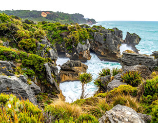 A coastal scene showcases dramatic rock formations carved by the ocean. Lush greenery clings to the rugged cliffs, contrasted by turbulent waves