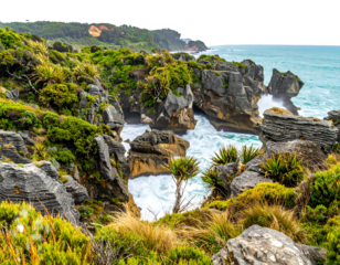A coastal scene showcases dramatic rock formations carved by the ocean. Lush greenery clings to the rugged cliffs, contrasted by turbulent waves