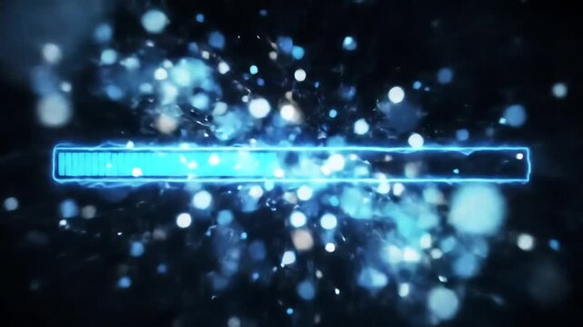 Digital loading bar animation with glowing blue energy effect and particles indicating progress or data transfer on a dark background representing technology and futuristic concepts. - Powered by Adobe